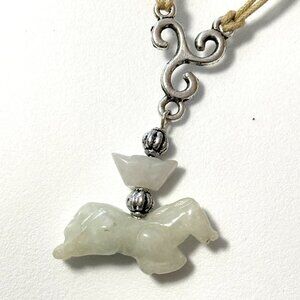 Genuine Light Green Nephrite Horse Necklace,Carved Gemstone Pendant & Waxed Cord